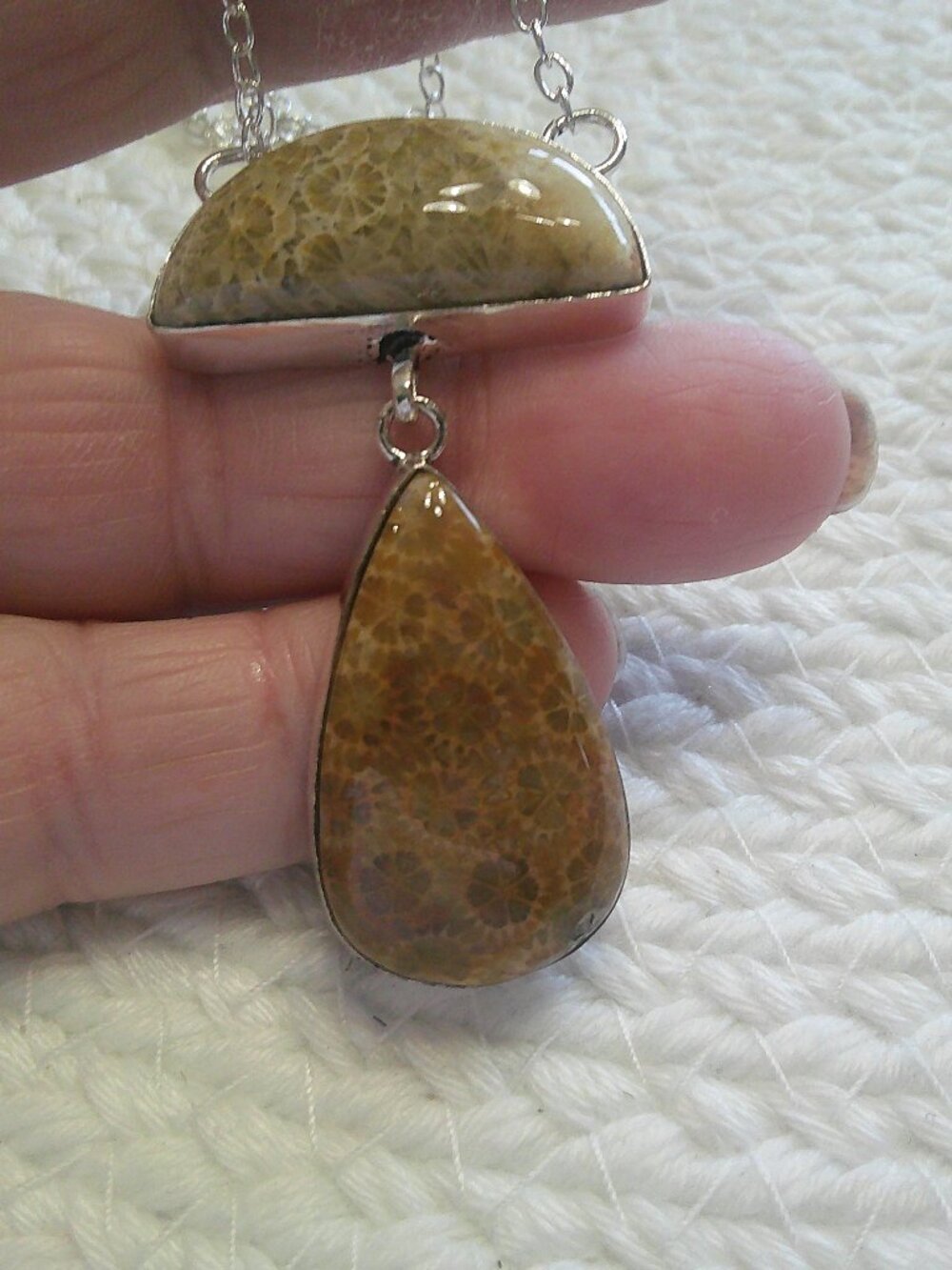 Stunning TAN FOSSIL CORAL Handmade Sterling 925 Pendant/Chain #362F